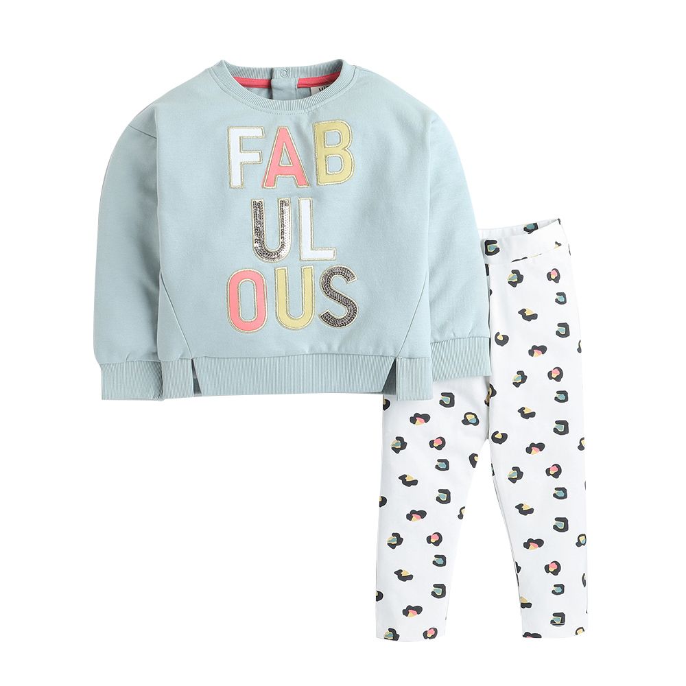 Victor And Jane - 2pc-Set - Girls' Embroidered Sweat Top And Printed Leggings - Blue/White