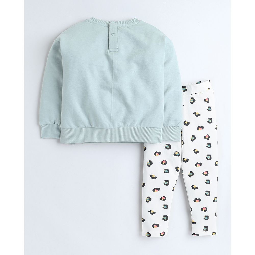 Victor And Jane - 2pc-Set - Girls' Embroidered Sweat Top And Printed Leggings - Blue/White