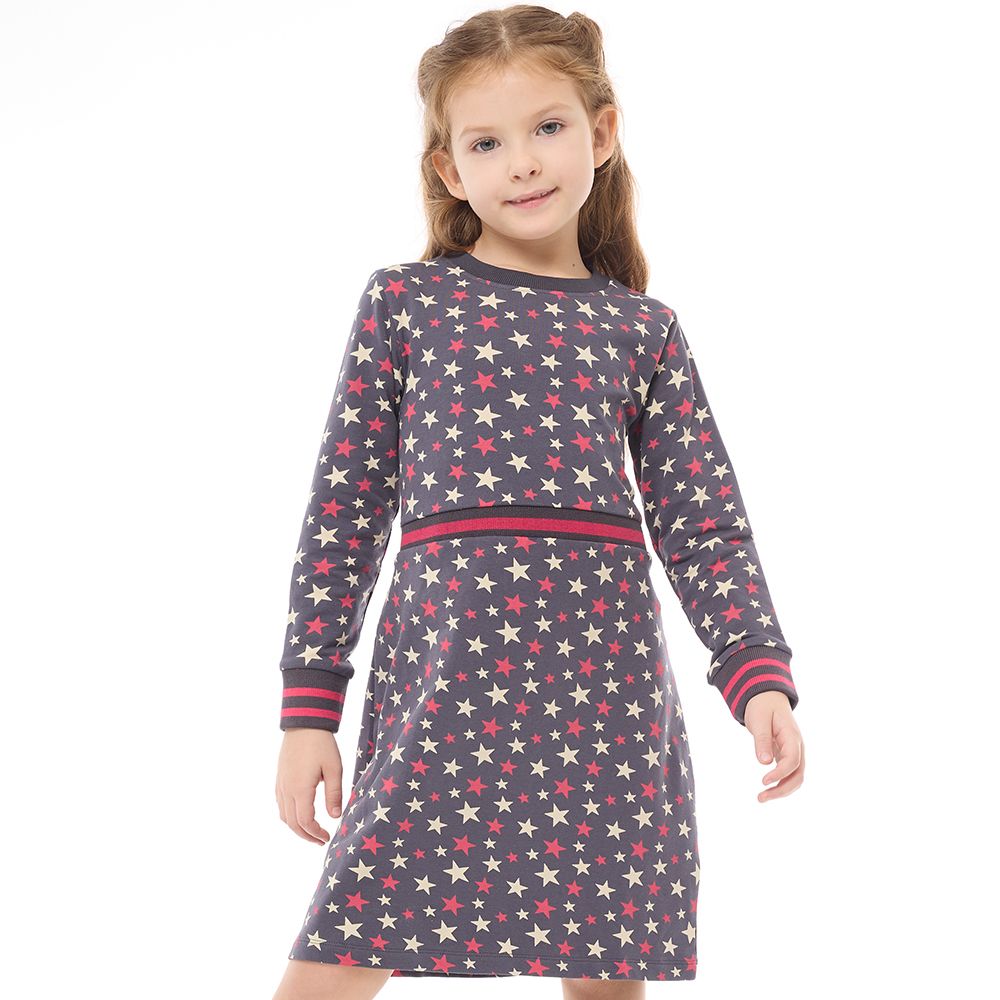 Victor and Jane - Girls' Stylish Printed "Stars" Long Sleeves Dresses Dark Gray