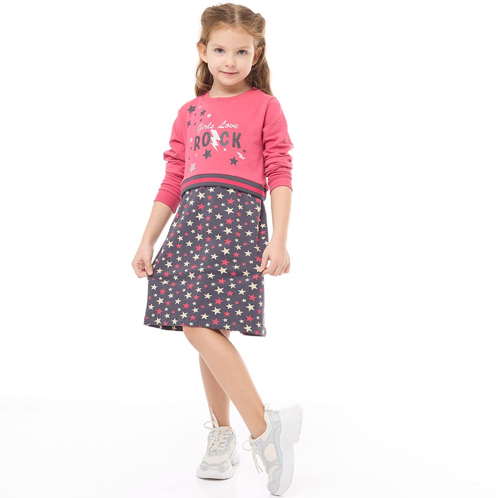 Victor and Jane - Girls' Casual & Comfy Long Sleeves Dresses With Bottom Printed Stars Pattern Fuschia-Dark Gray