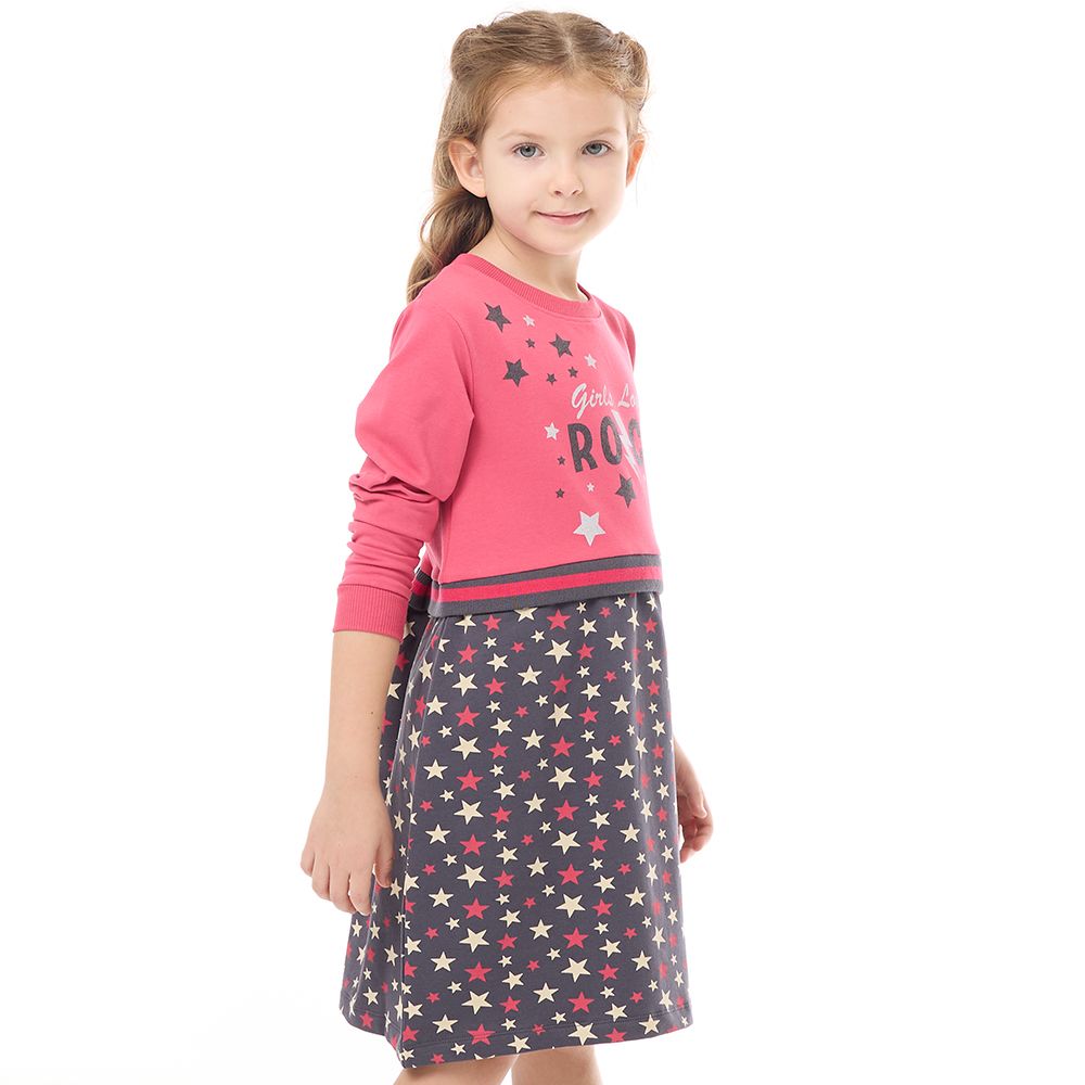 Victor and Jane - Girls' Casual & Comfy Long Sleeves Dresses With Bottom Printed Stars Pattern Fuschia-Dark Gray