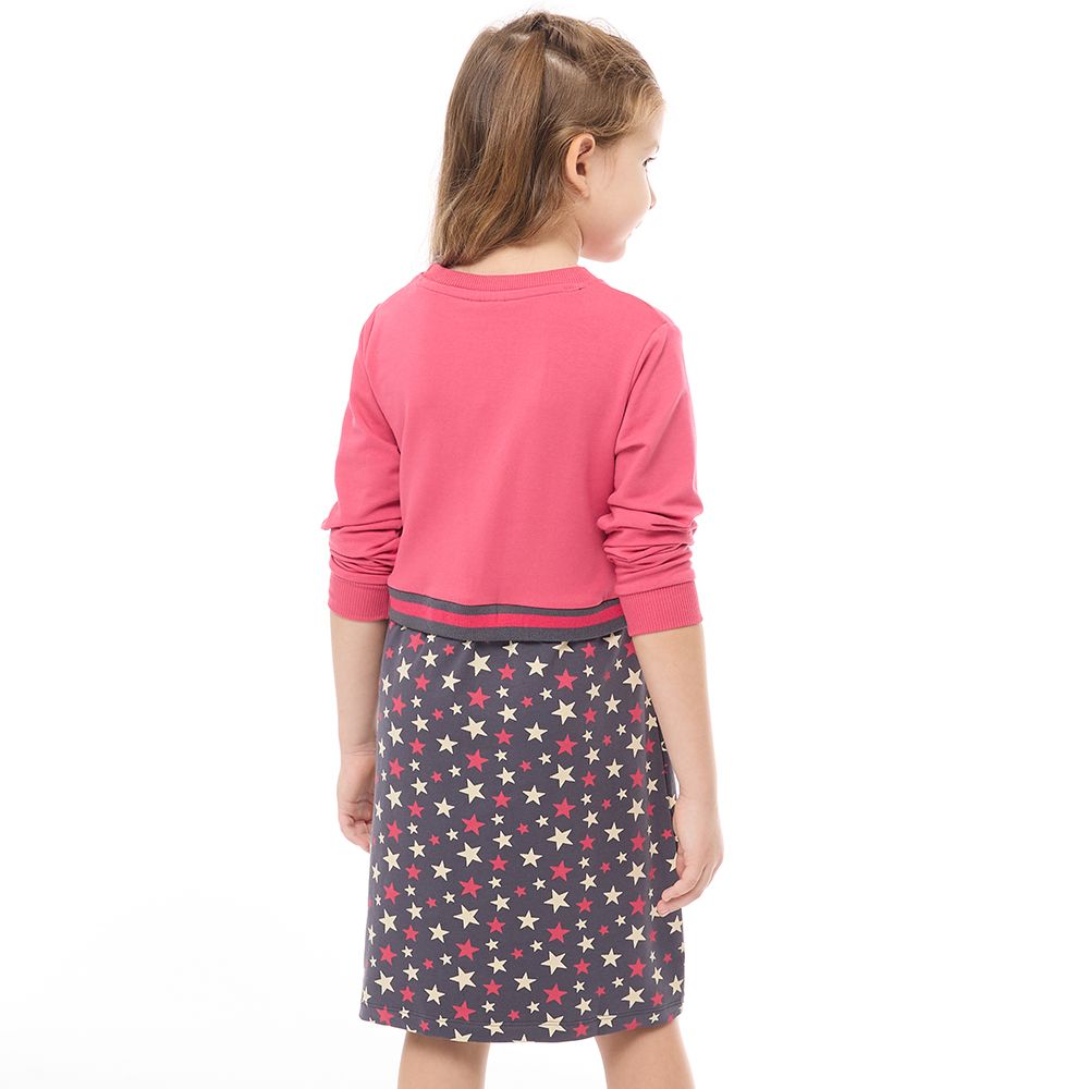 Victor and Jane - Girls' Casual & Comfy Long Sleeves Dresses With Bottom Printed Stars Pattern Fuschia-Dark Gray