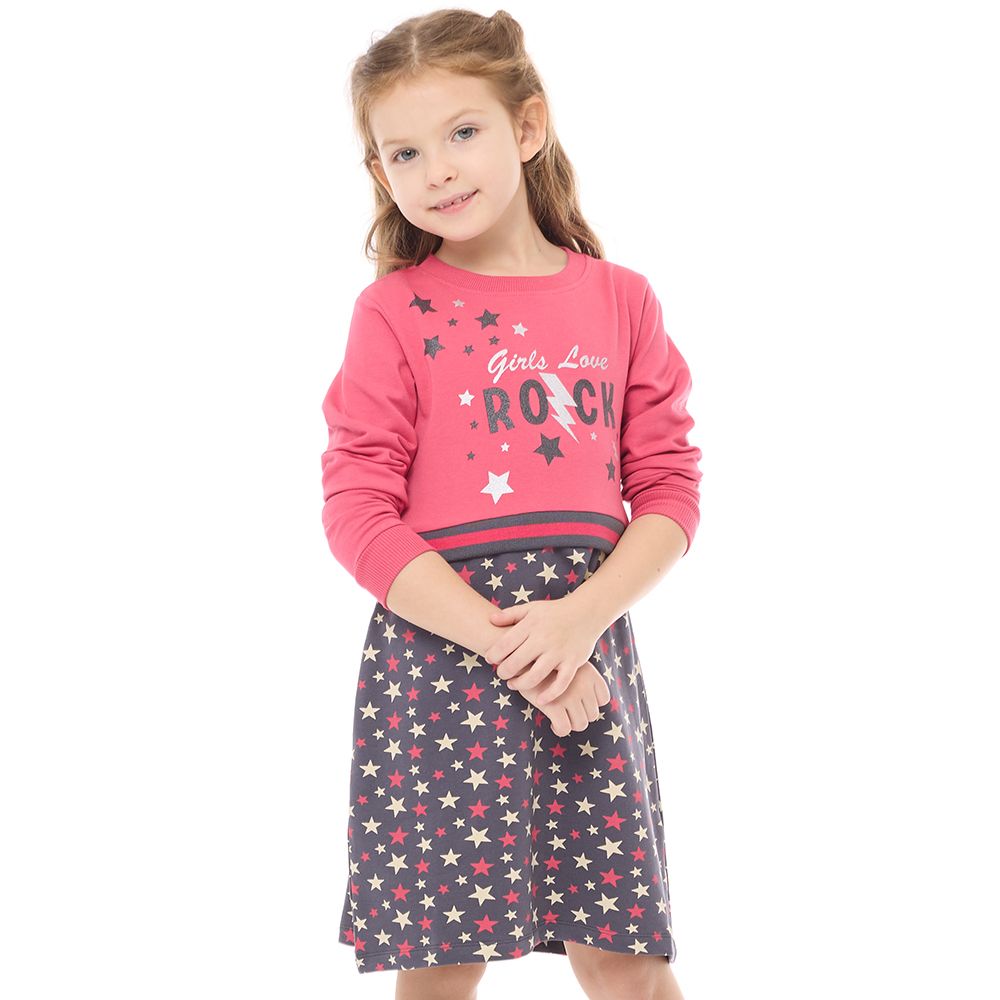 Victor and Jane - Girls' Casual & Comfy Long Sleeves Dresses With Bottom Printed Stars Pattern Fuschia-Dark Gray