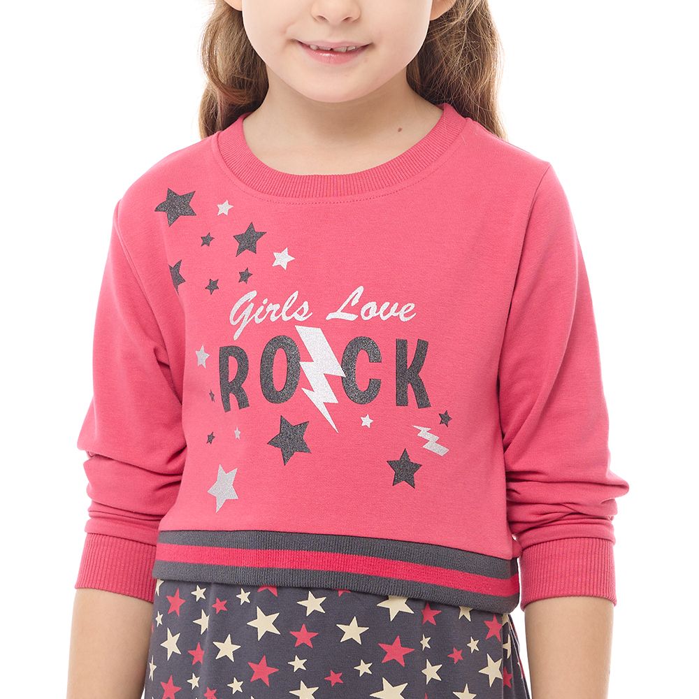 Victor and Jane - Girls' Casual & Comfy Long Sleeves Dresses With Bottom Printed Stars Pattern Fuschia-Dark Gray