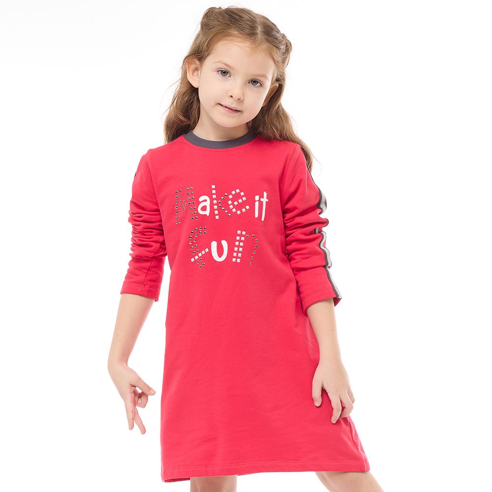 Victor and Jane - Girls' Stylish Solid A-Line Studs & Ribbed Long Sleeves Dresses Fuschia