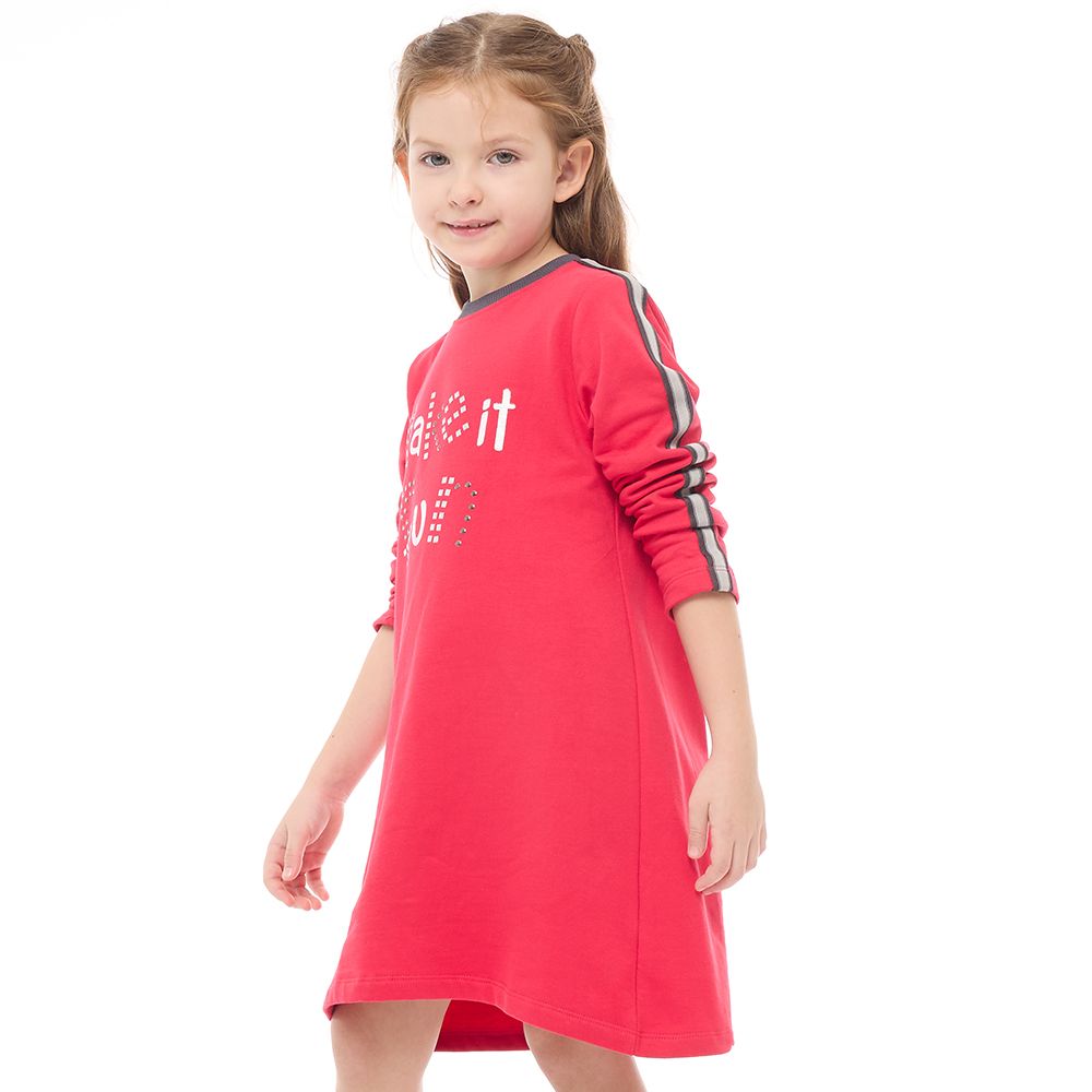 Victor and Jane - Girls' Stylish Solid A-Line Studs & Ribbed Long Sleeves Dresses Fuschia