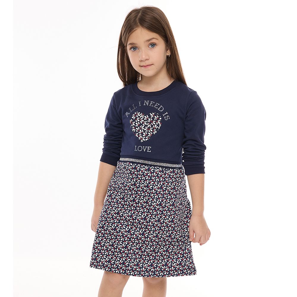 Victor and Jane - Girls' Casual & Comfy, Stylish Long Sleeves Dresses With Floral Applique & Glitter Ribbed Printed Bottom - Navy