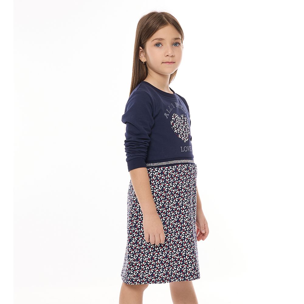 Victor and Jane - Girls' Casual & Comfy, Stylish Long Sleeves Dresses With Floral Applique & Glitter Ribbed Printed Bottom - Navy