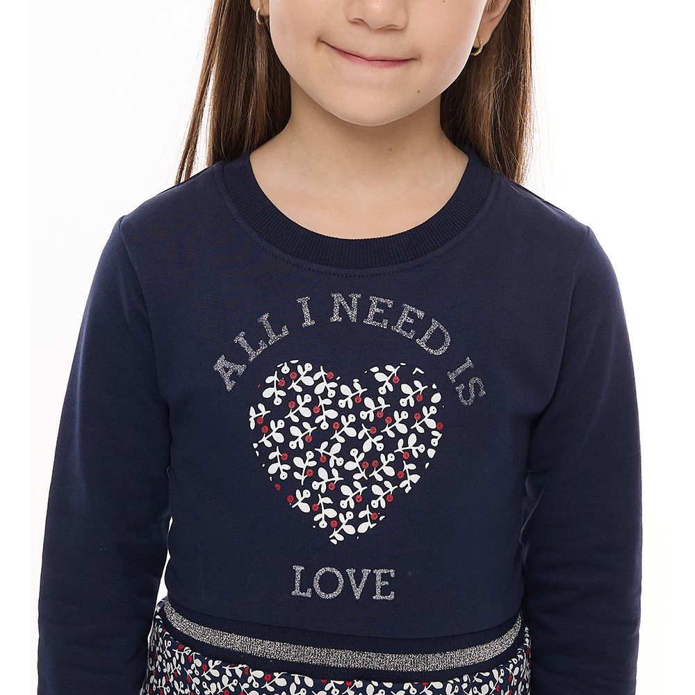 Victor and Jane - Girls' Casual & Comfy, Stylish Long Sleeves Dresses With Floral Applique & Glitter Ribbed Printed Bottom - Navy