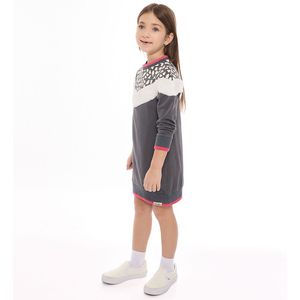 Victor and Jane - Girls' Color Blocking Dress With Fur, Printed Crew Neck Long Sleeve Sweatshirt Dress - Dark Gray