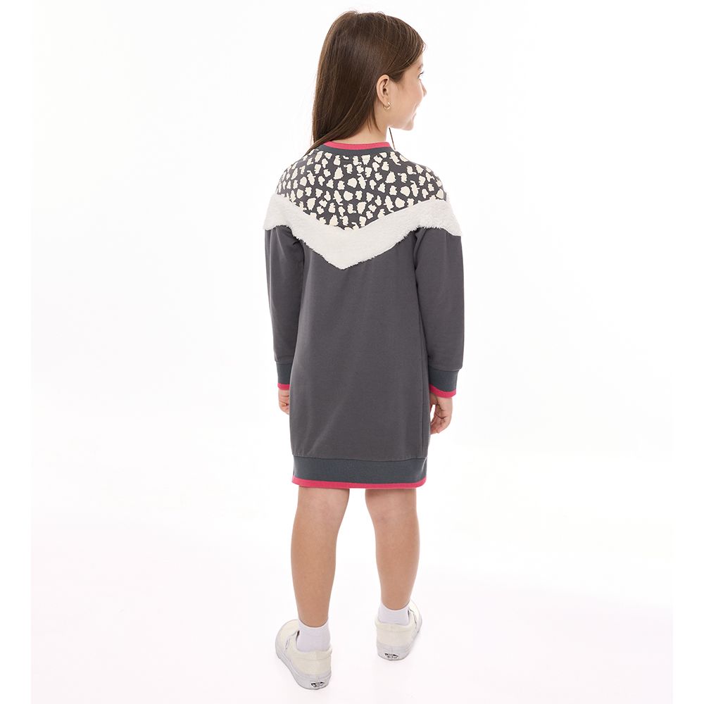 Victor and Jane - Girls' Color Blocking Dress With Fur, Printed Crew Neck Long Sleeve Sweatshirt Dress - Dark Gray