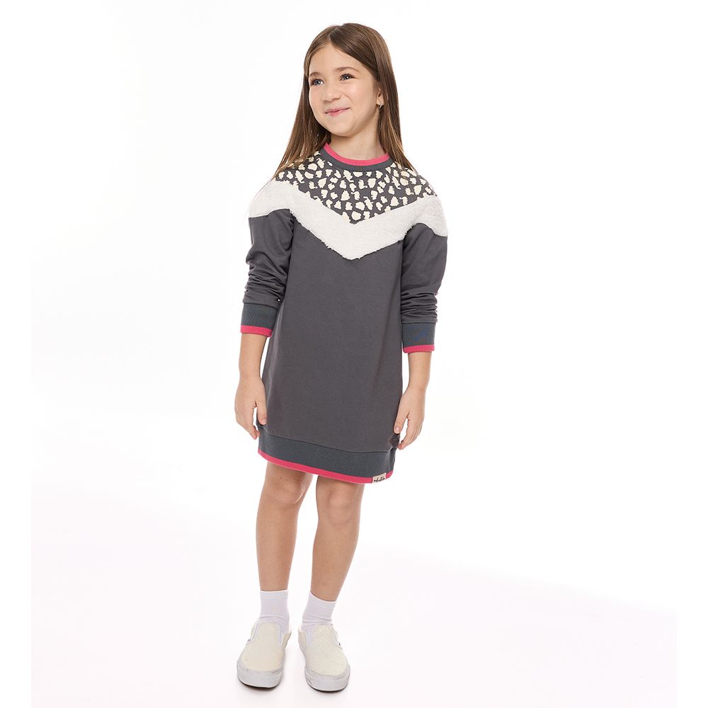 Victor and Jane - Girls' Color Blocking Dress With Fur, Printed Crew Neck Long Sleeve Sweatshirt Dress - Dark Gray