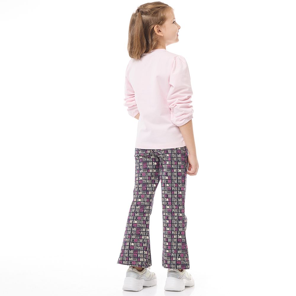 Victor and Jane - Long Sleeves Sweat Top & Printed Flared Leggings - Pink - 2 Pcs