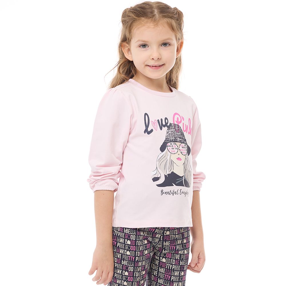 Victor and Jane - Long Sleeves Sweat Top & Printed Flared Leggings - Pink - 2 Pcs