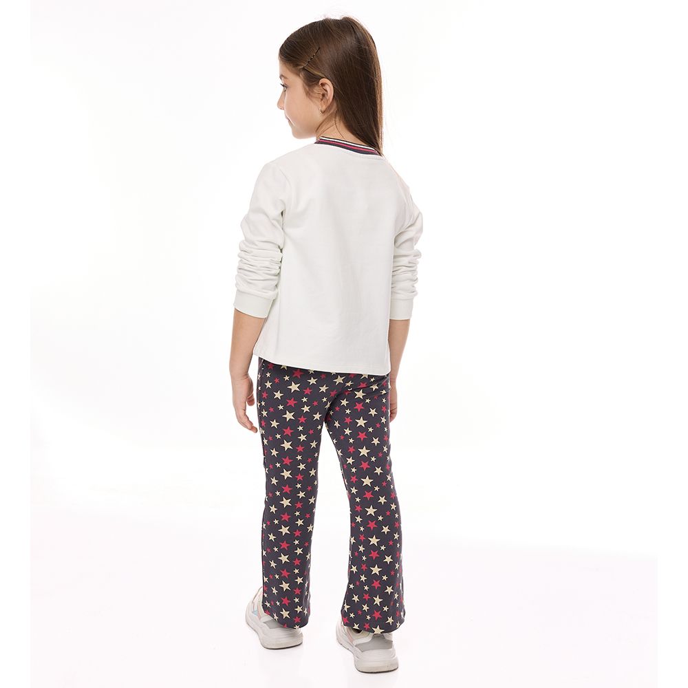 Victor and Jane - Long Sleeves Sweat Top & Stars Pattern Flared Leggings - Off White - 2 Pcs