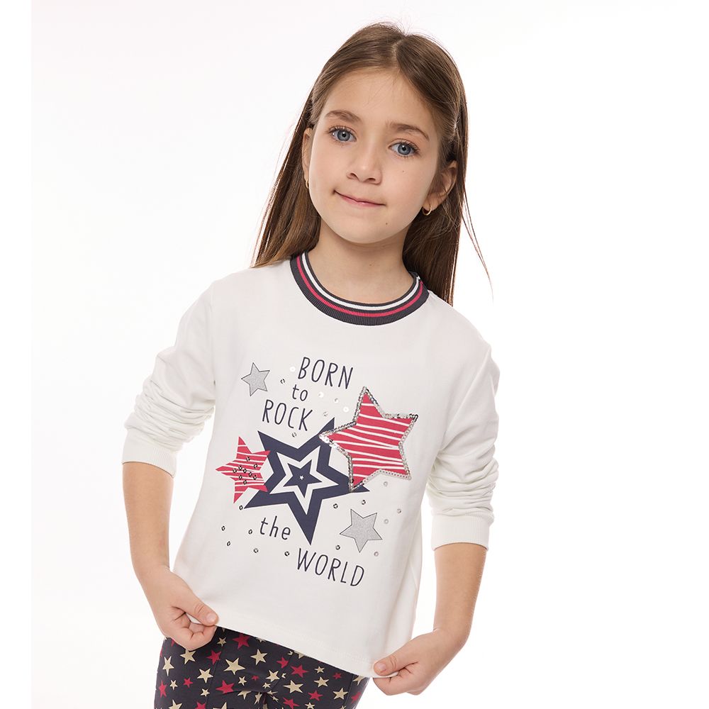 Victor and Jane - Long Sleeves Sweat Top & Stars Pattern Flared Leggings - Off White - 2 Pcs