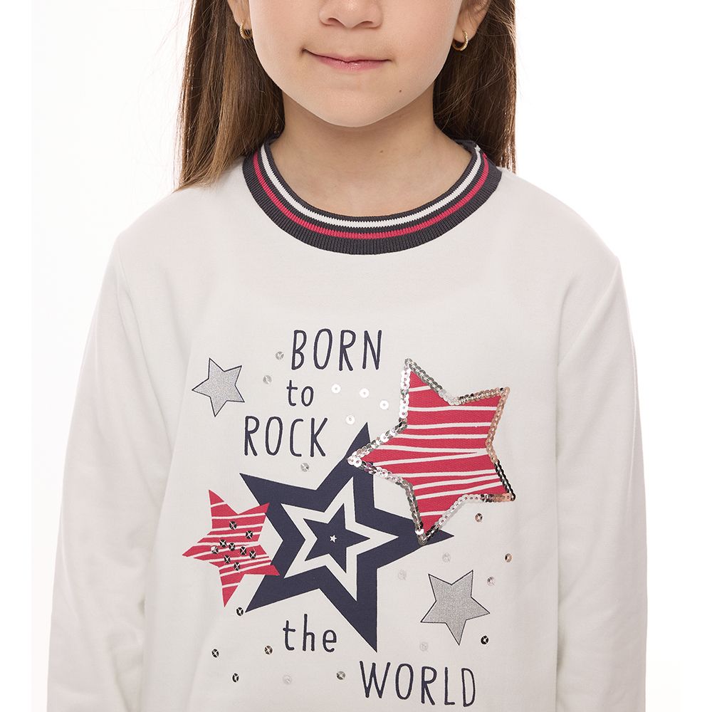 Victor and Jane - Long Sleeves Sweat Top & Stars Pattern Flared Leggings - Off White - 2 Pcs