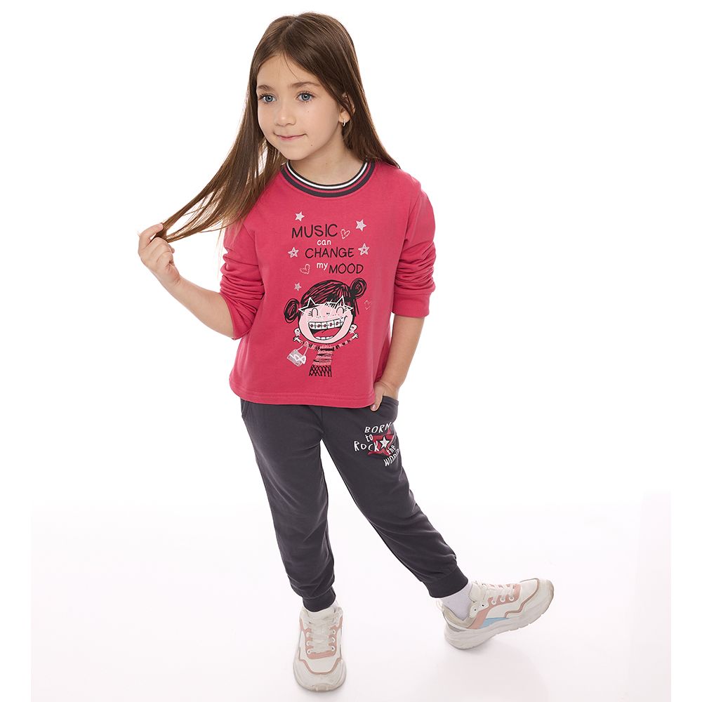 Victor and Jane - 2pc-Set - Girls' Sweat Top And Joggers - Fuchsia/Dark Grey