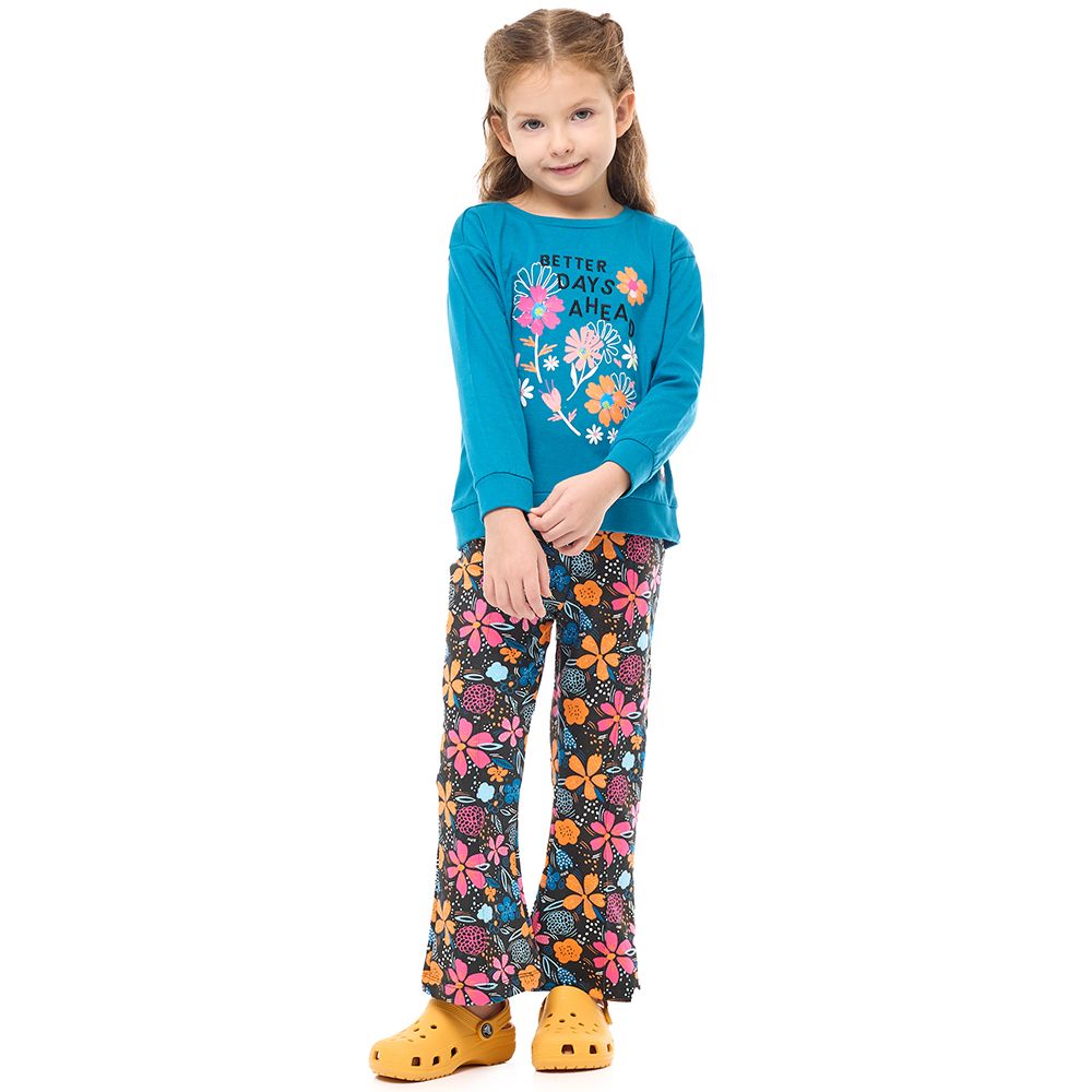 Victor and Jane - Embroidered Sweat Top & Floral Leggings - Blue - 2 Pcs