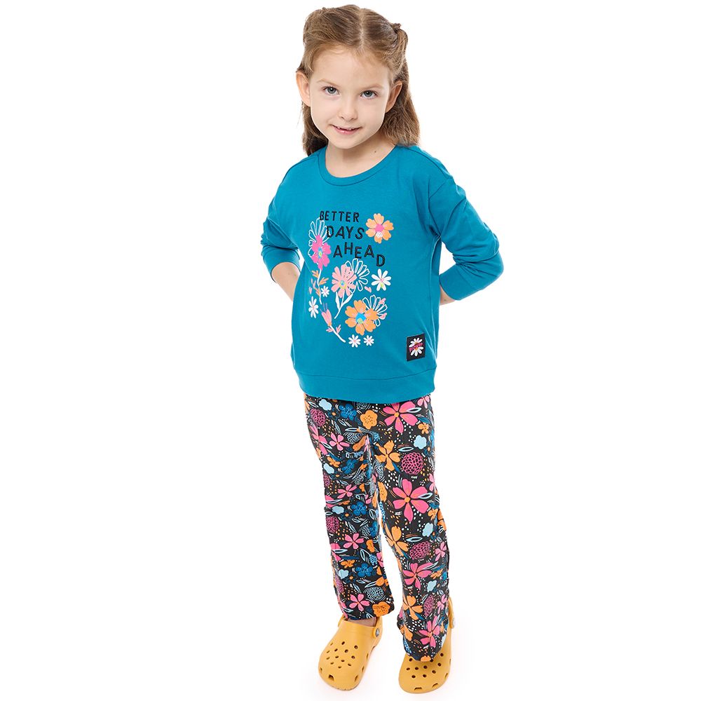 Victor and Jane - Embroidered Sweat Top & Floral Leggings - Blue - 2 Pcs