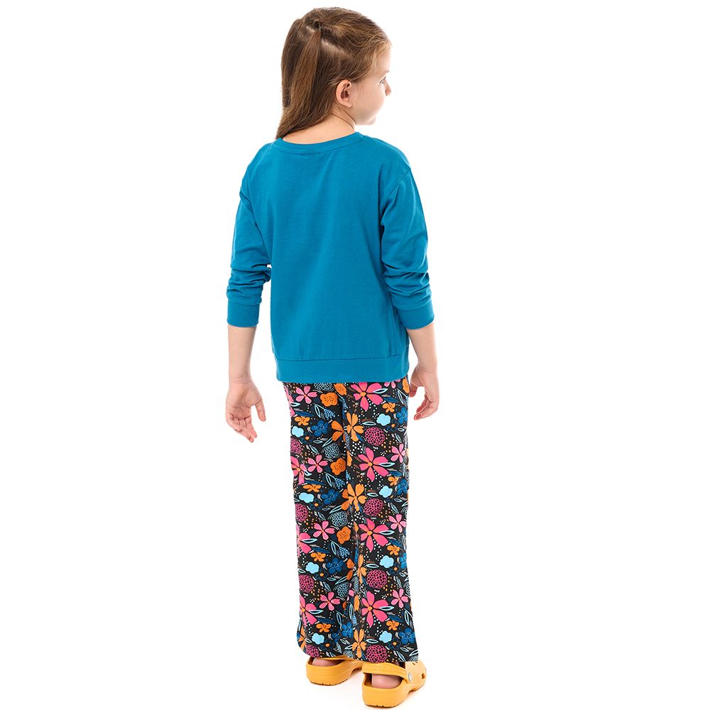 Victor and Jane - Embroidered Sweat Top & Floral Leggings - Blue - 2 Pcs