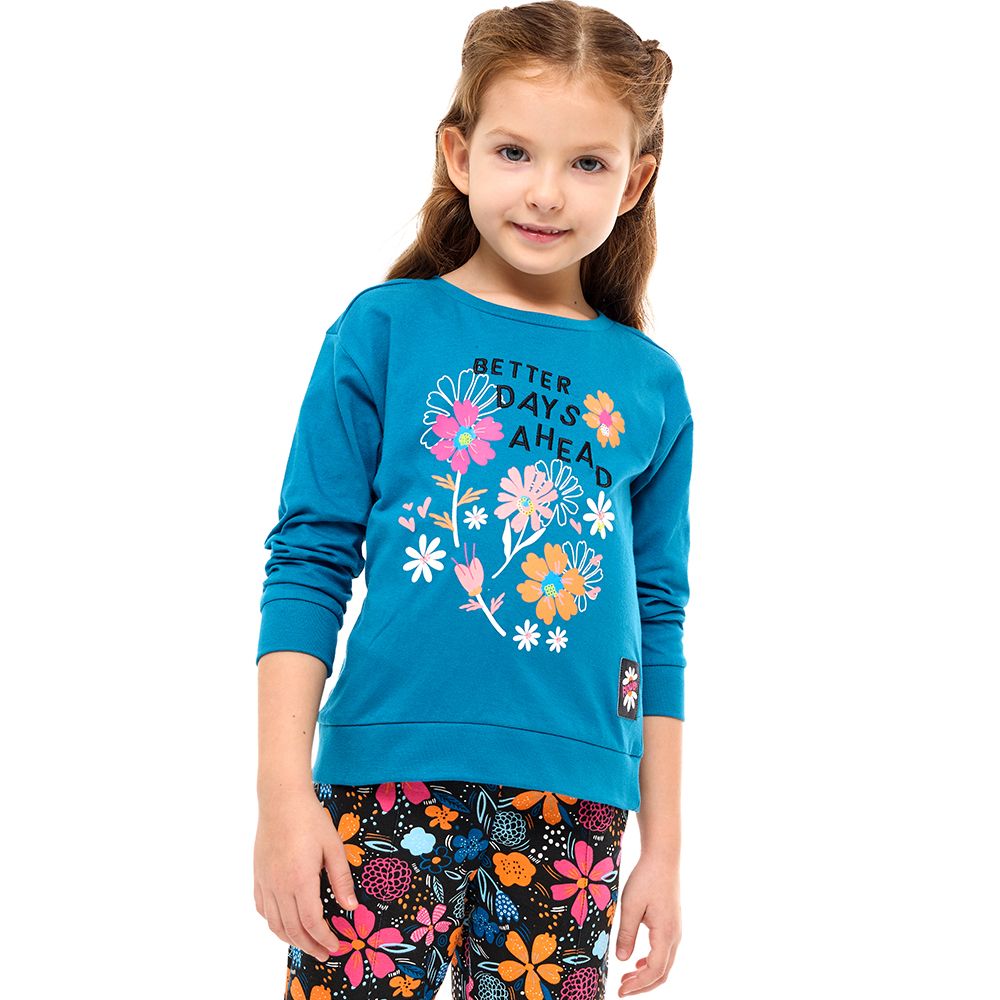 Victor and Jane - Embroidered Sweat Top & Floral Leggings - Blue - 2 Pcs