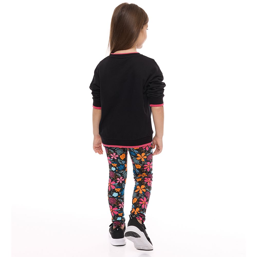 Victor and Jane - Sweat Top & Floral Printed Leggings - Black - 2 Pcs