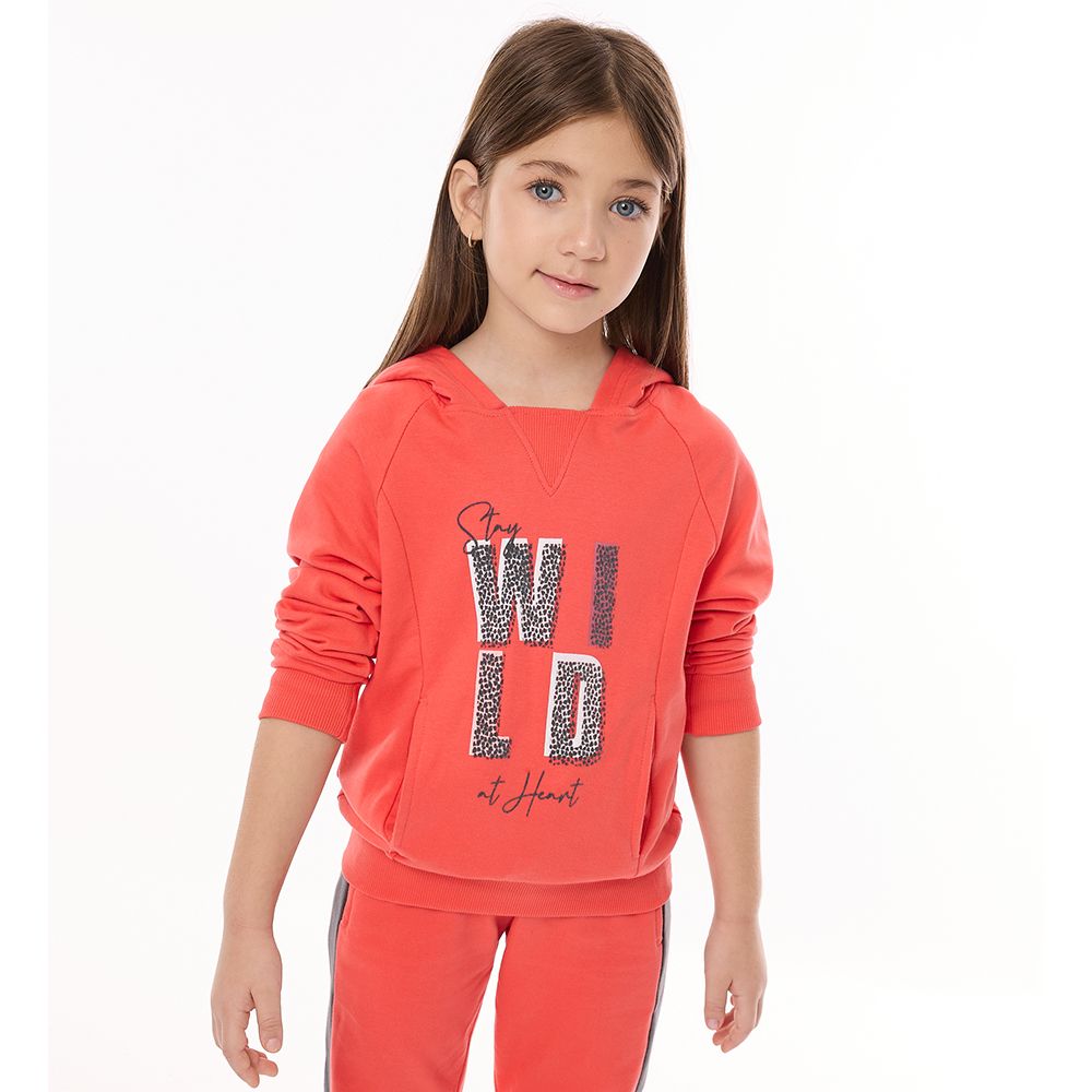 Victor and Jane - Co-ords Set - Embroidered 'Wild' Hoodie Top & Pants - Coral - 2 Pcs