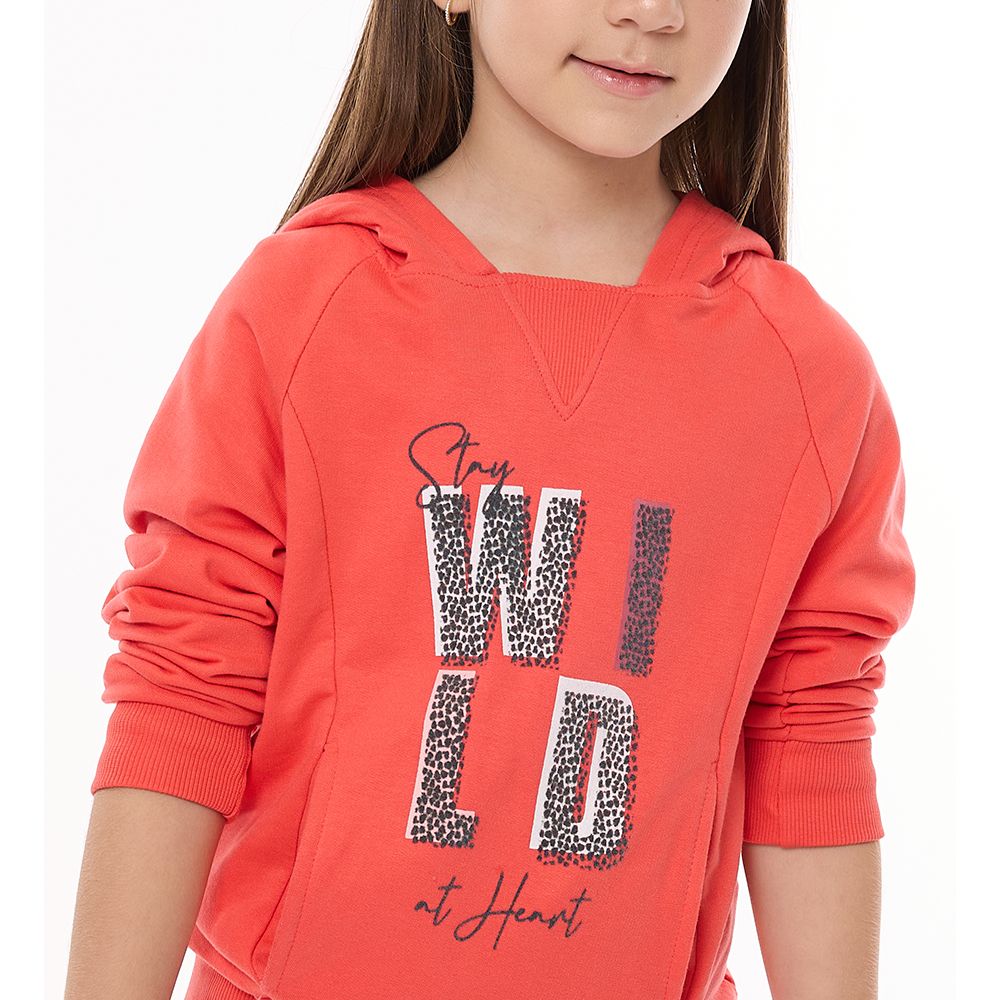 Victor and Jane - Co-ords Set - Embroidered 'Wild' Hoodie Top & Pants - Coral - 2 Pcs