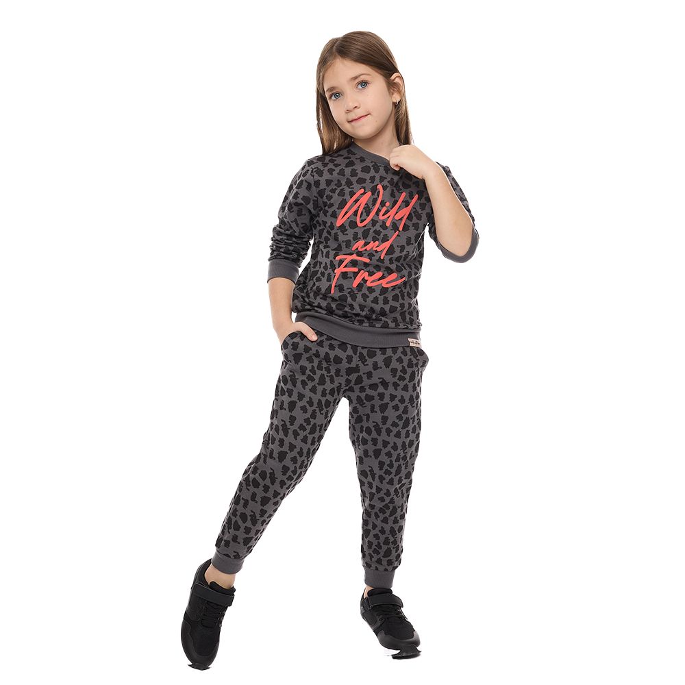 Victor and Jane - 2pc-Set - Girls' Leopard Print Sweat Top And Joggers - Dark Grey