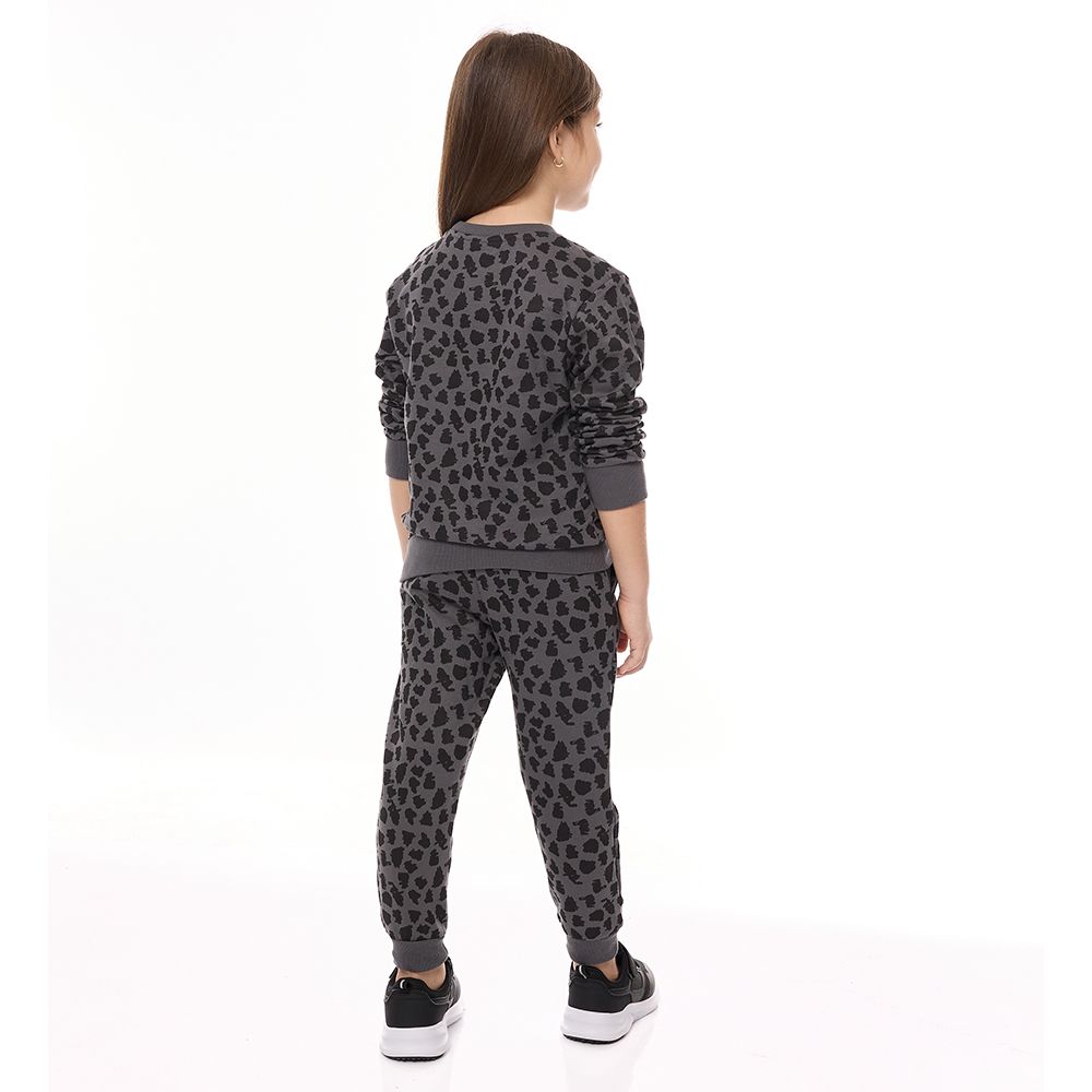 Victor and Jane - 2pc-Set - Girls' Leopard Print Sweat Top And Joggers - Dark Grey