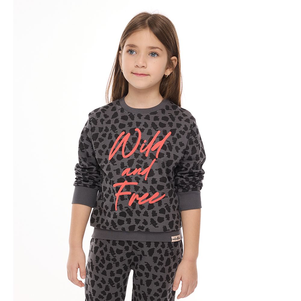 Victor and Jane - 2pc-Set - Girls' Leopard Print Sweat Top And Joggers - Dark Grey