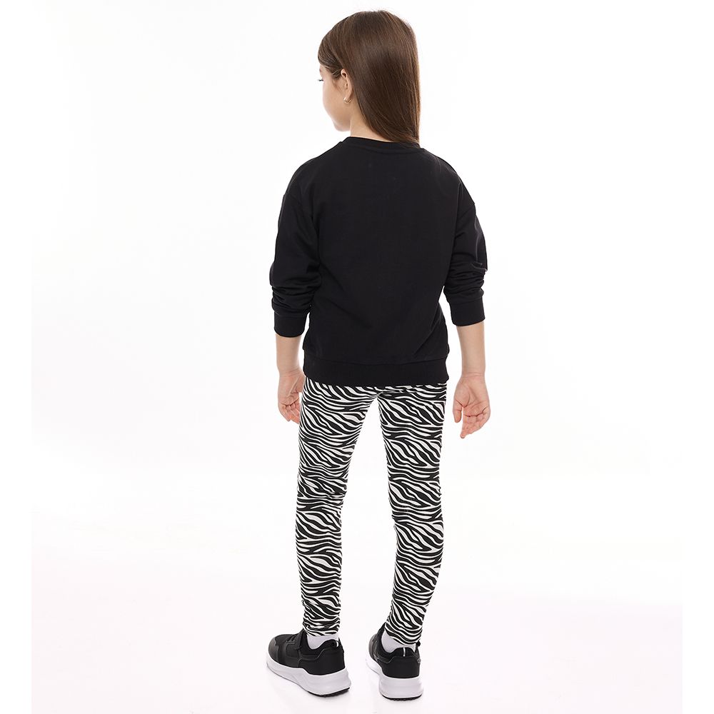 Victor and Jane - Sweat Top & Printed Zebra Leggings - Black - 2 Pcs