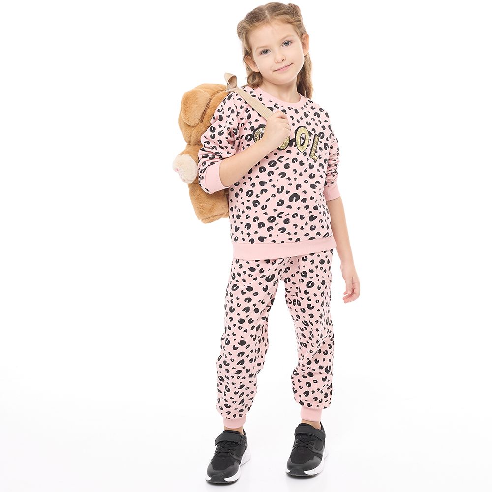 Victor and Jane - Girls Set - Printed Leopard Long Sleeves Sweat Top & Jogger - Pink - 2 Pcs