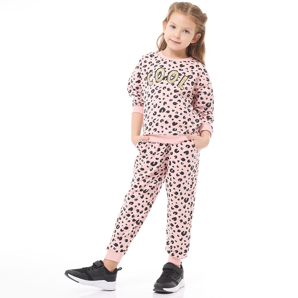 Victor and Jane - Girls Set - Printed Leopard Long Sleeves Sweat Top & Jogger - Pink - 2 Pcs