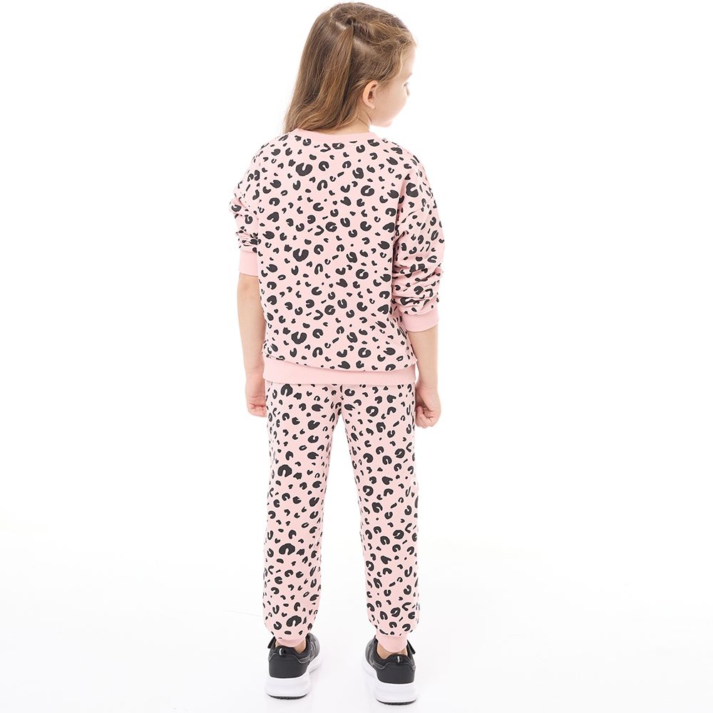 Victor and Jane - Girls Set - Printed Leopard Long Sleeves Sweat Top & Jogger - Pink - 2 Pcs