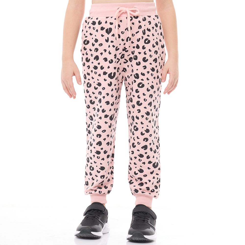 Victor and Jane - Girls Set - Printed Leopard Long Sleeves Sweat Top & Jogger - Pink - 2 Pcs