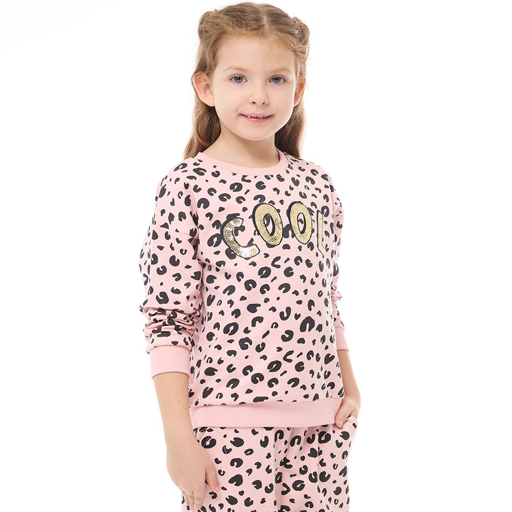 Victor and Jane - Girls Set - Printed Leopard Long Sleeves Sweat Top & Jogger - Pink - 2 Pcs