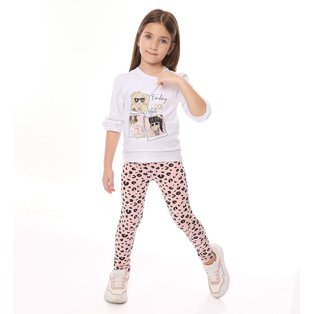 Victor and Jane - Girls 2-Piece Set - Off White Long Sleeves T-shirt & Printed Pink Leopard Leggings - 2 Pcs