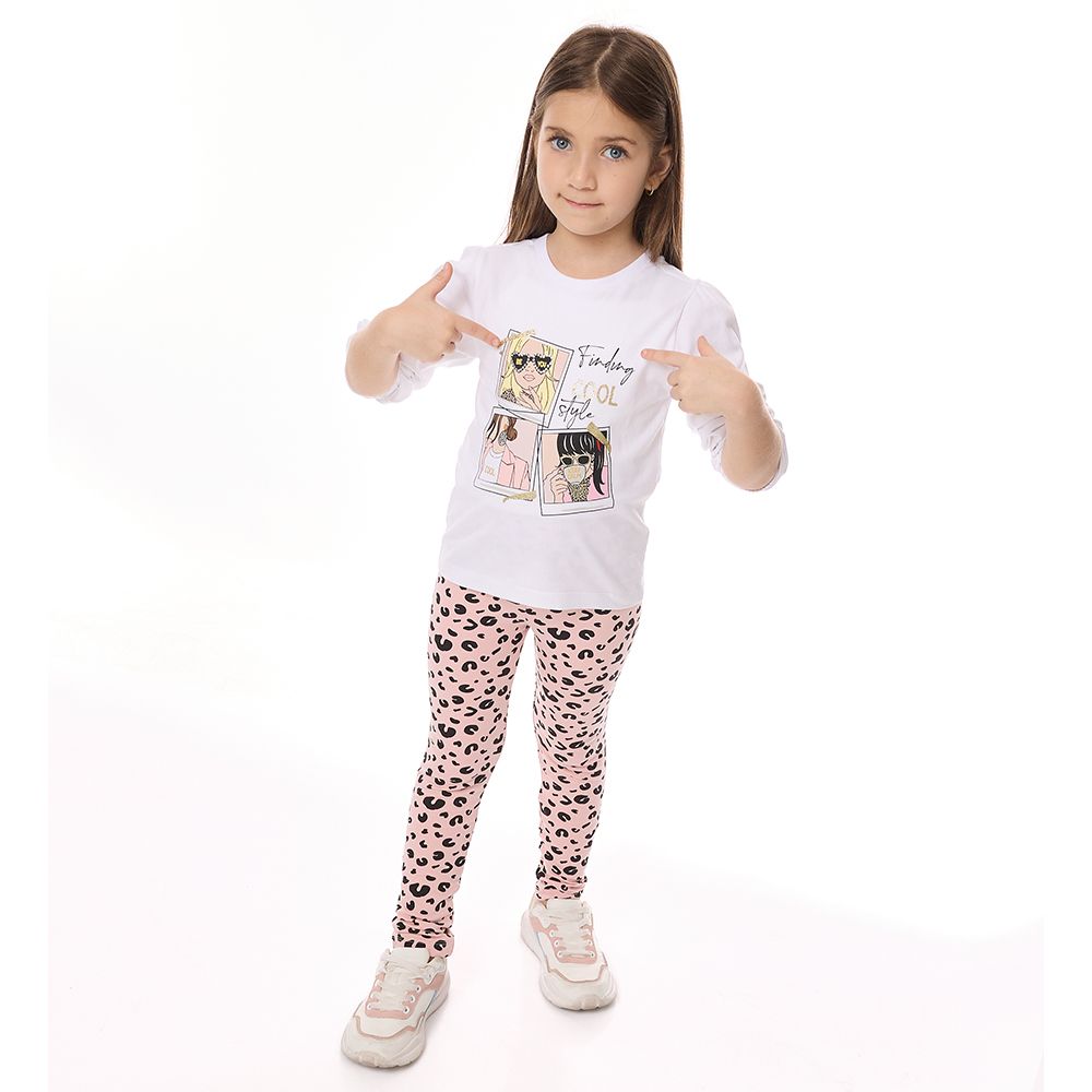 Victor and Jane - Girls 2-Piece Set - Off White Long Sleeves T-shirt & Printed Pink Leopard Leggings - 2 Pcs