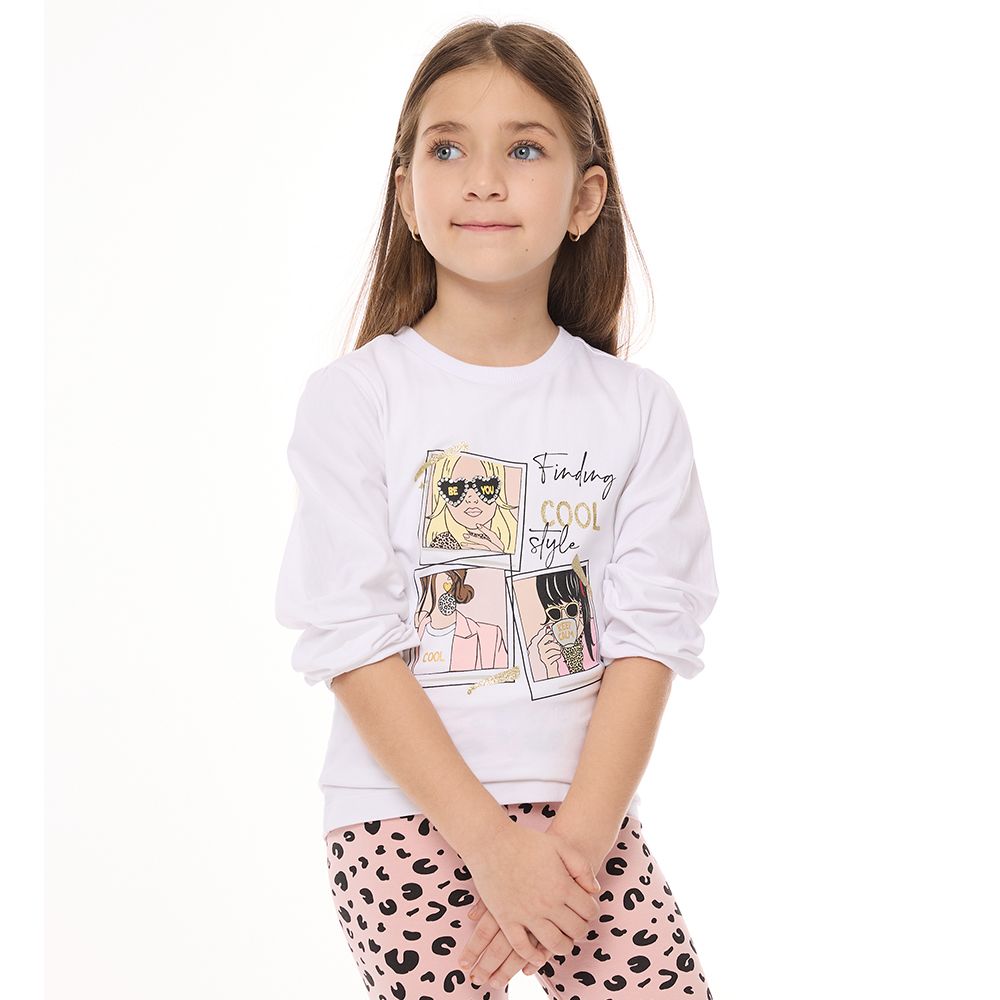 Victor and Jane - Girls 2-Piece Set - Off White Long Sleeves T-shirt & Printed Pink Leopard Leggings - 2 Pcs