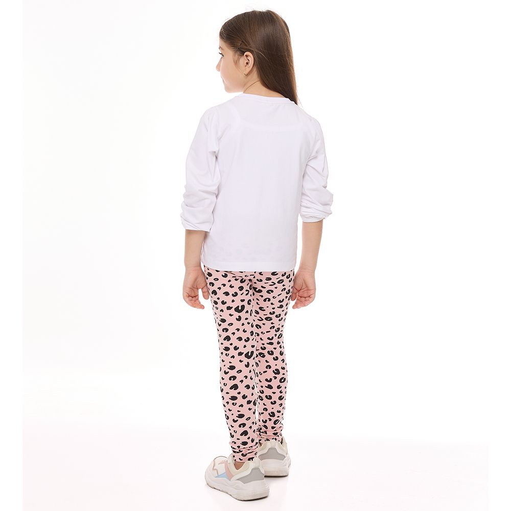 Victor and Jane - Girls 2-Piece Set - Off White Long Sleeves T-shirt & Printed Pink Leopard Leggings - 2 Pcs