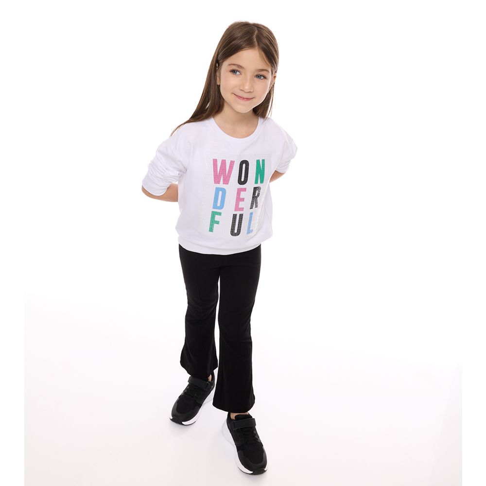 Victor and Jane - Girls Set - Off White Embroidered Sweat Top & Black Flared Leggings - 2 Pcs