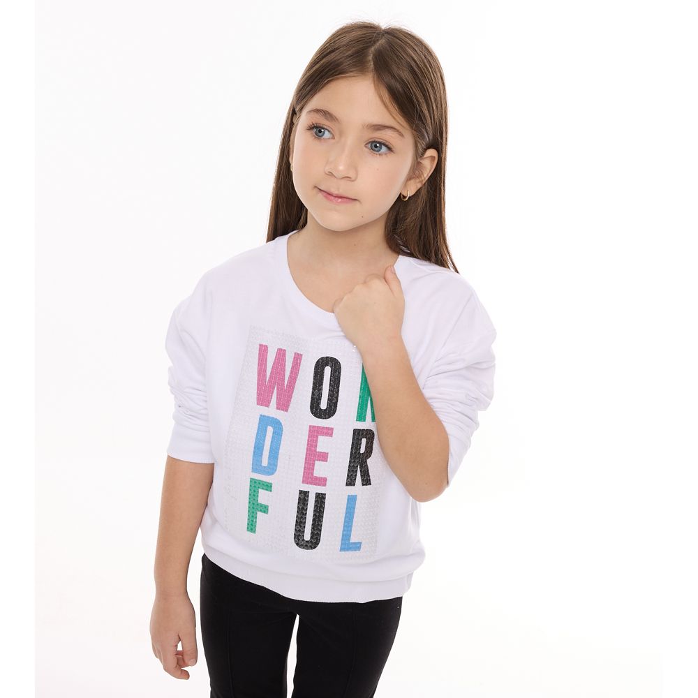 Victor and Jane - Girls Set - Off White Embroidered Sweat Top & Black Flared Leggings - 2 Pcs