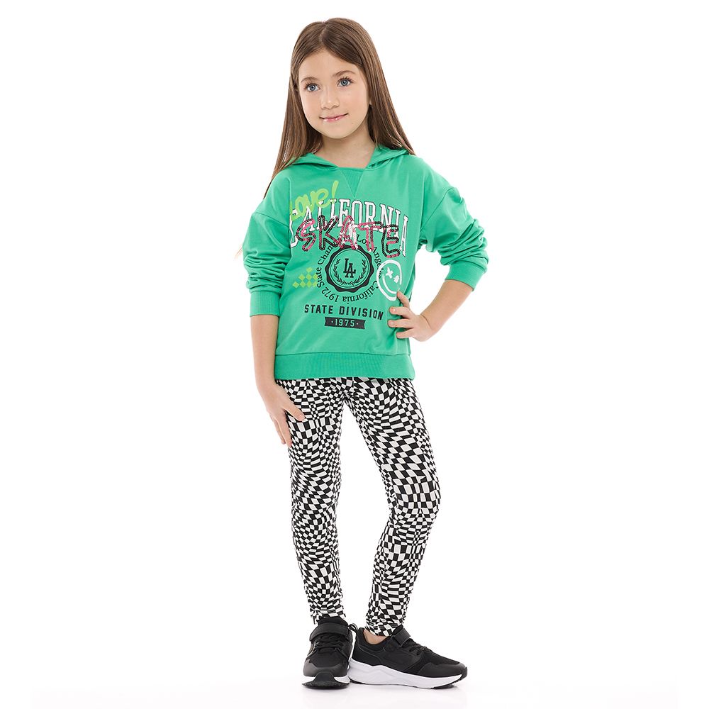 Victor and Jane - Girls Set - Green Embellished Hoodie & Printed Zebra Leggings - 2 Pcs