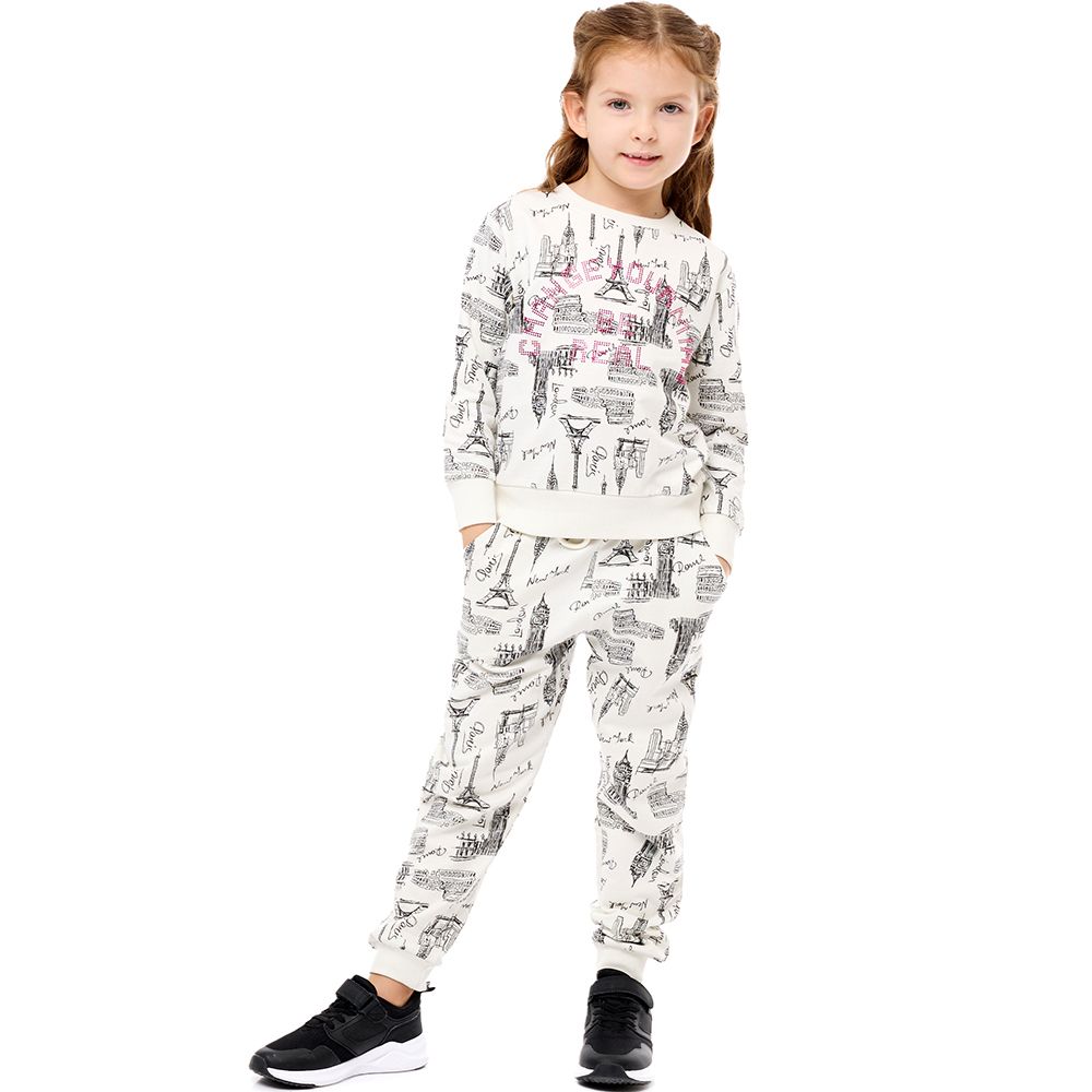 Victor and Jane - Girls Set - Printed Long Sleeves Sweat Top & Jogger - Off White - 2 Pcs