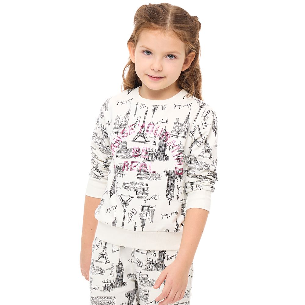 Victor and Jane - Girls Set - Printed Long Sleeves Sweat Top & Jogger - Off White - 2 Pcs