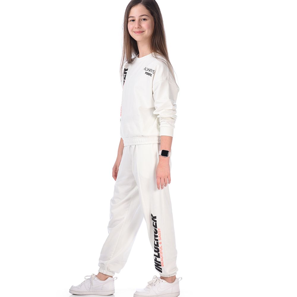 Victor And Jane - 2pc-Set - Girls' Long Sleeve Sweat Top And Pants - Off-White