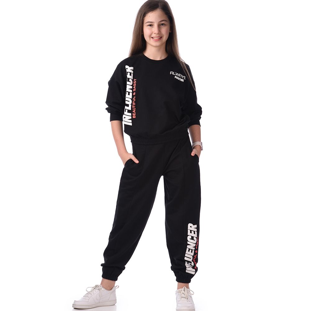 Victor and Jane - Girls Set - Co-ords Long Sleeve Sweat Top & Pants - Black - 2 Pcs