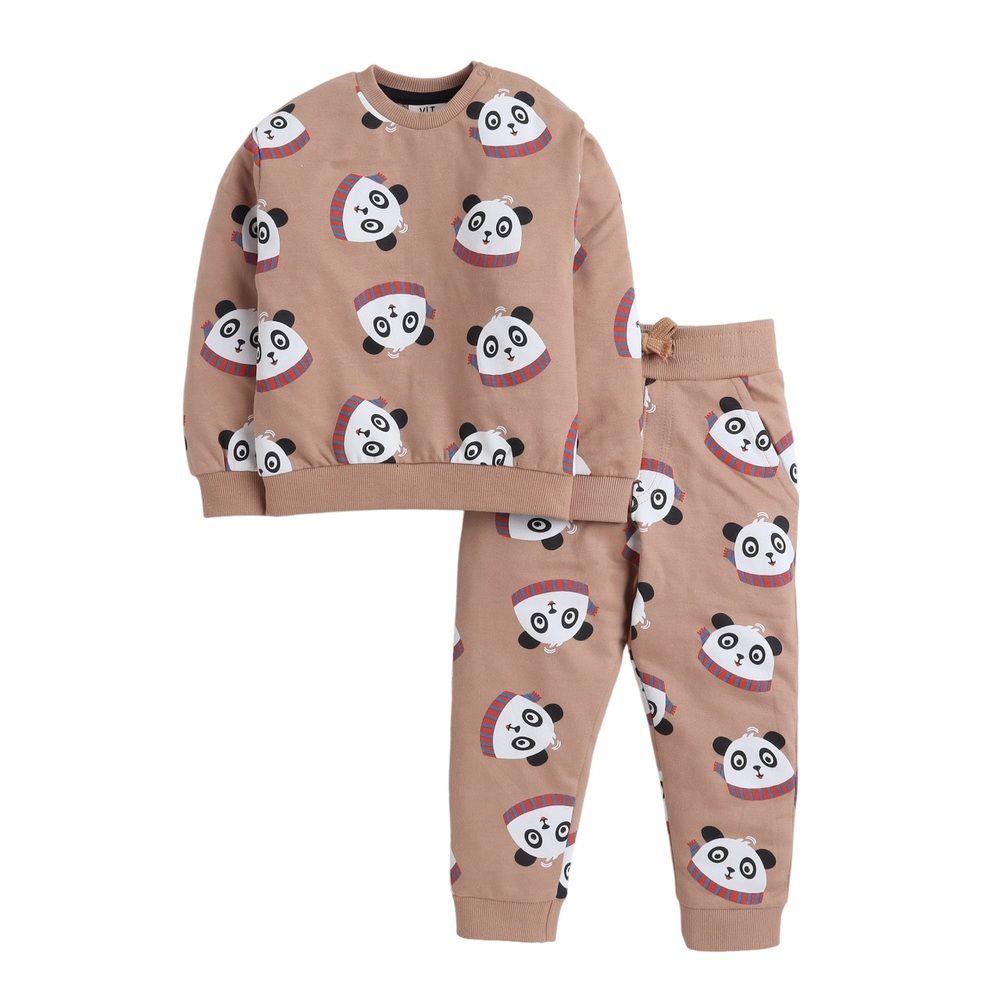 Victor and Jane - 2pc-Set - Panda Printed Sweatshirt And Joggers - Light Brown